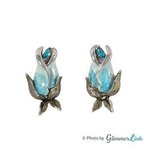 VTG Francois Blue Enamel Rhinestone Rosebud Climber Silver Tone Clip On Earrings